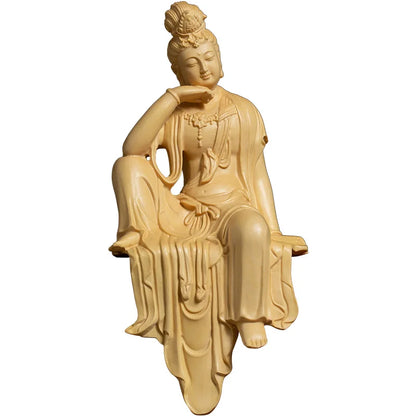 13cm Guanyin Bodhisattva Boxwood Carving Buddha Statue Home Decoration Crafts Solid Wood Sculpture Accessories