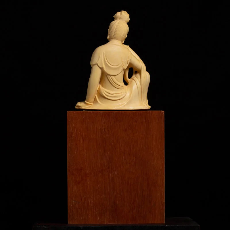 13cm Guanyin Bodhisattva Boxwood Carving Buddha Statue Home Decoration Crafts Solid Wood Sculpture Accessories