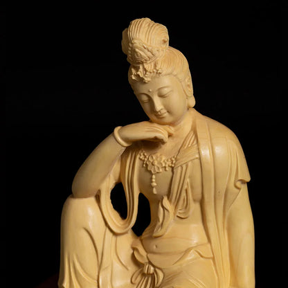 13cm Guanyin Bodhisattva Boxwood Carving Buddha Statue Home Decoration Crafts Solid Wood Sculpture Accessories