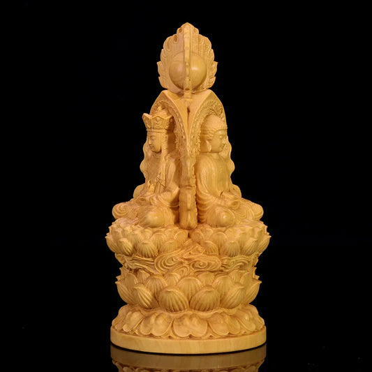 13cm Three Gods Wood Buddha Statue Saints Worship Boxwood Sculpture Guanyin Shakyamuni Home Decor
