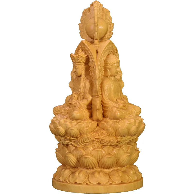 13cm Three Gods Wood Buddha Statue Saints Worship Boxwood Sculpture Guanyin Shakyamuni Home Decor