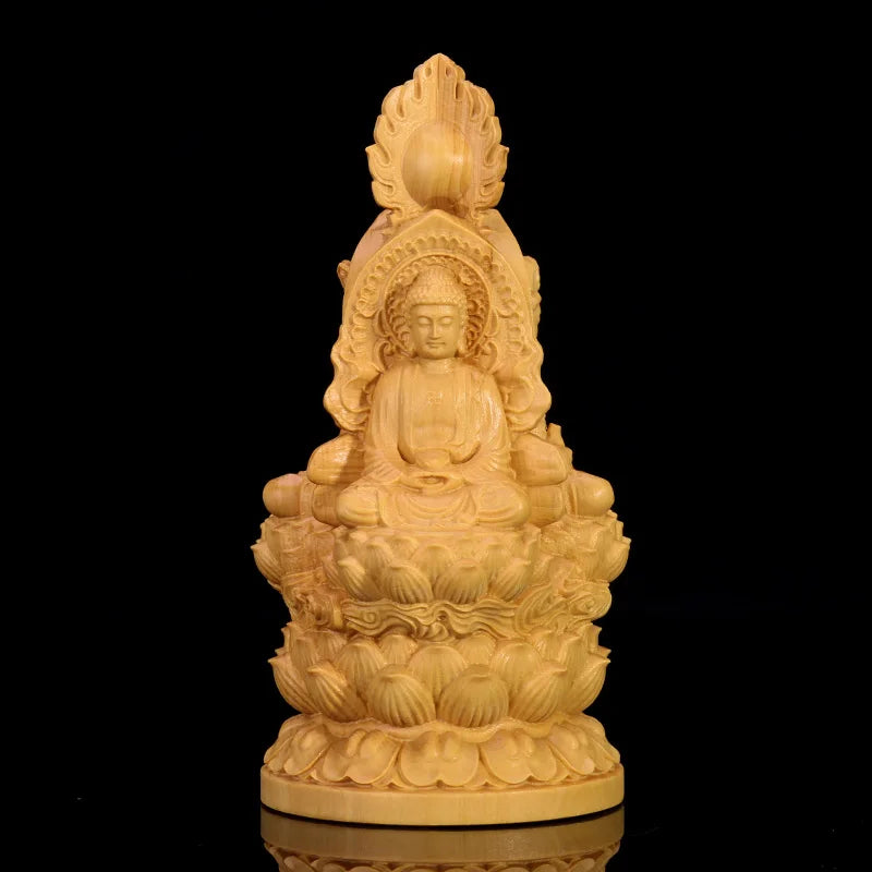 13cm Three Gods Wood Buddha Statue Saints Worship Boxwood Sculpture Guanyin Shakyamuni Home Decor