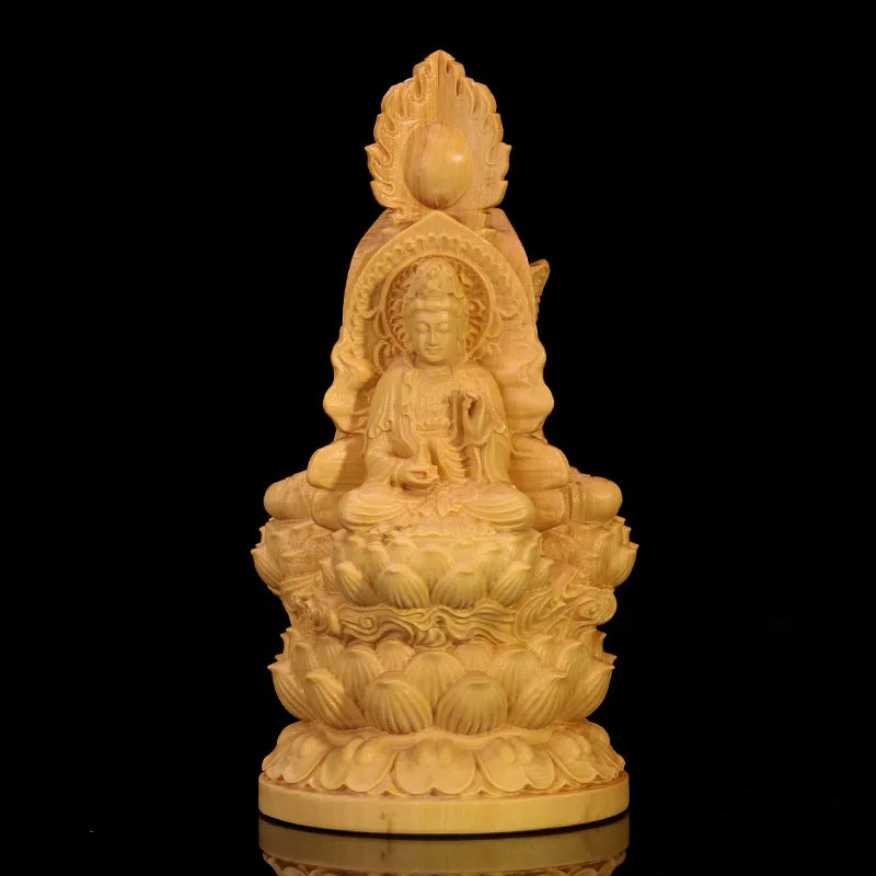 13cm Three Gods Wood Buddha Statue Saints Worship Boxwood Sculpture Guanyin Shakyamuni Home Decor