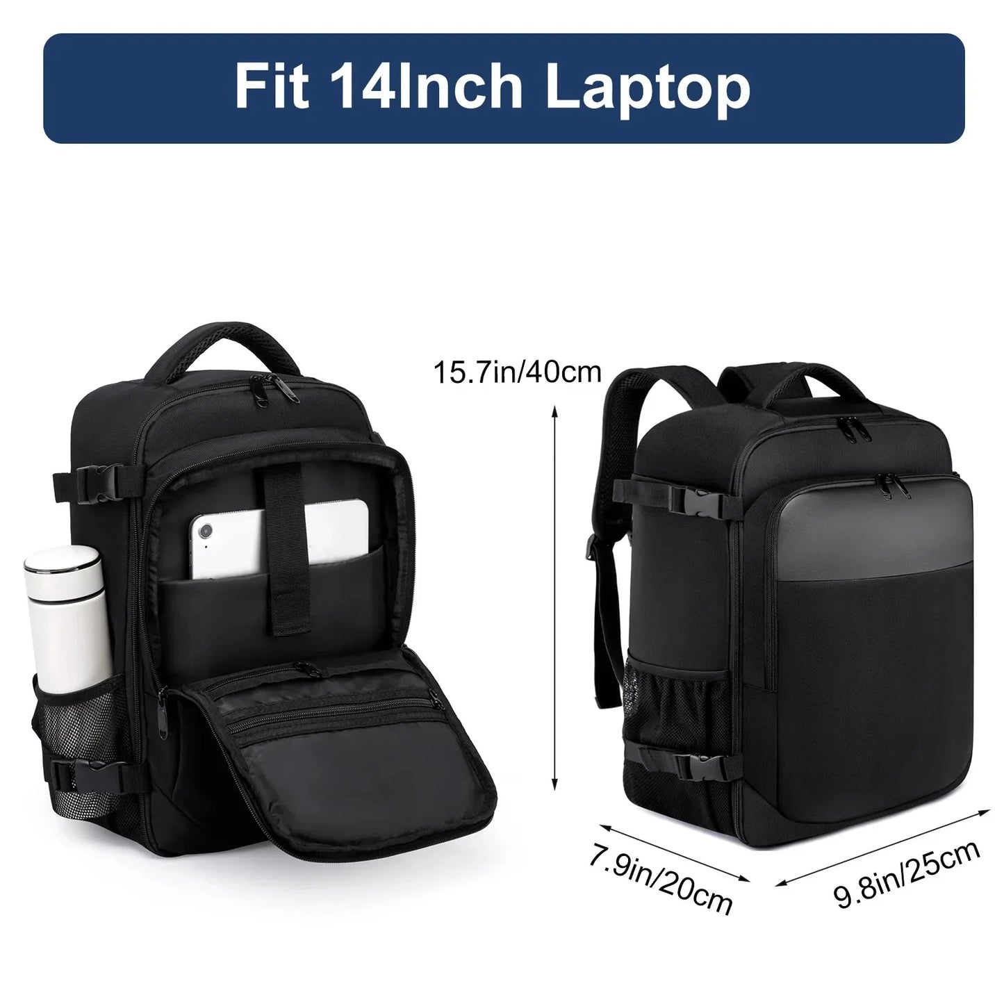 14/15.6 Inch Laptop Men's Multifunctional Simple Business Backpack Airline Approved Carry-On Cabin Carry-on Bag Black