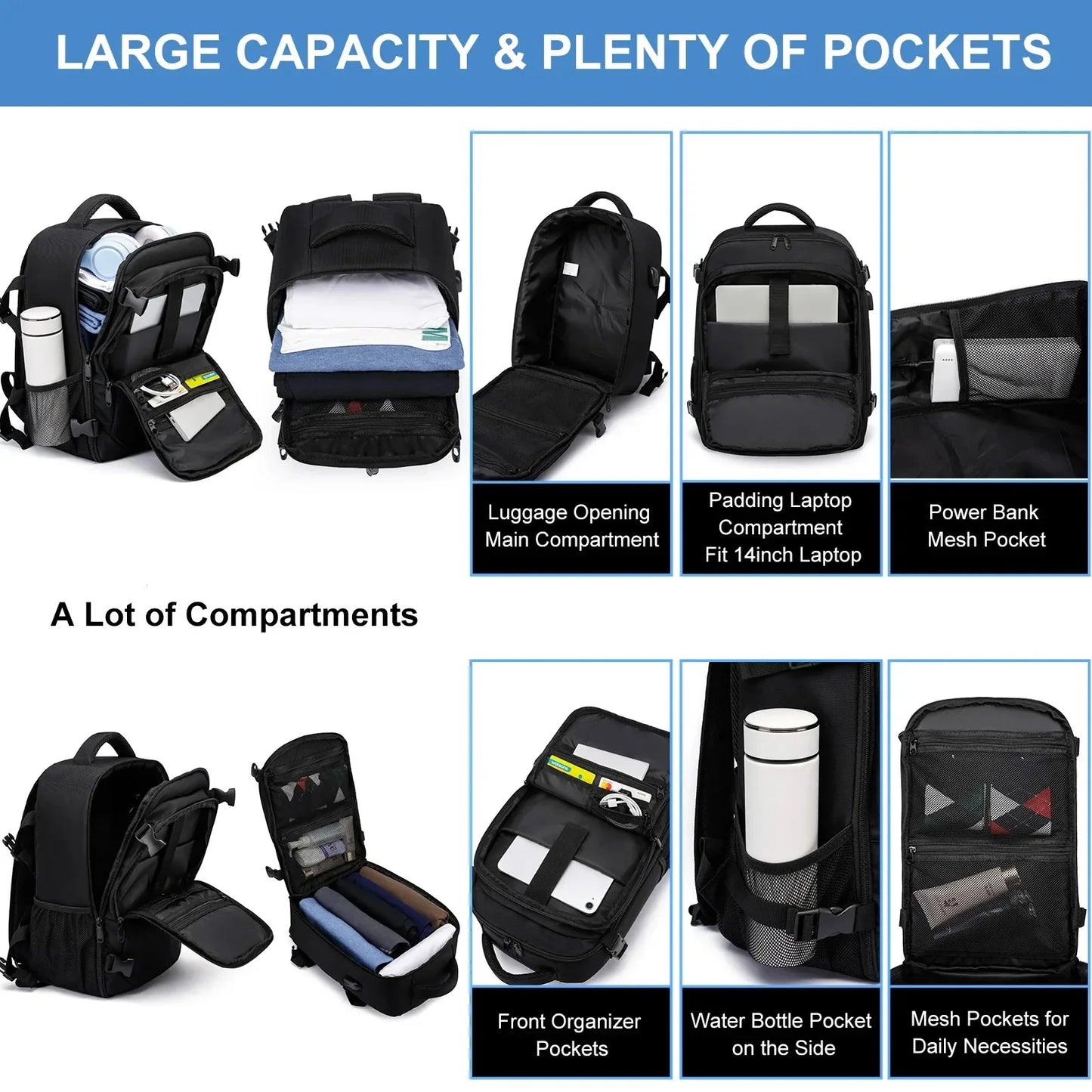 14/15.6 Inch Laptop Men's Multifunctional Simple Business Backpack Airline Approved Carry-On Cabin Carry-on Bag Black