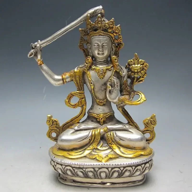 14.6cm*/Chinese Silver Bronze Gilt Tibetan Buddhism Statue --- Manjushri Buddha