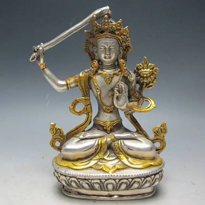 14.6cm*/Chinese Silver Bronze Gilt Tibetan Buddhism Statue --- Manjushri Buddha