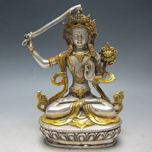 14.6cm*/Chinese Silver Bronze Gilt Tibetan Buddhism Statue --- Manjushri Buddha
