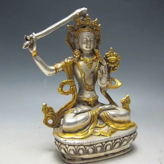 14.6cm*/Chinese Silver Bronze Gilt Tibetan Buddhism Statue --- Manjushri Buddha