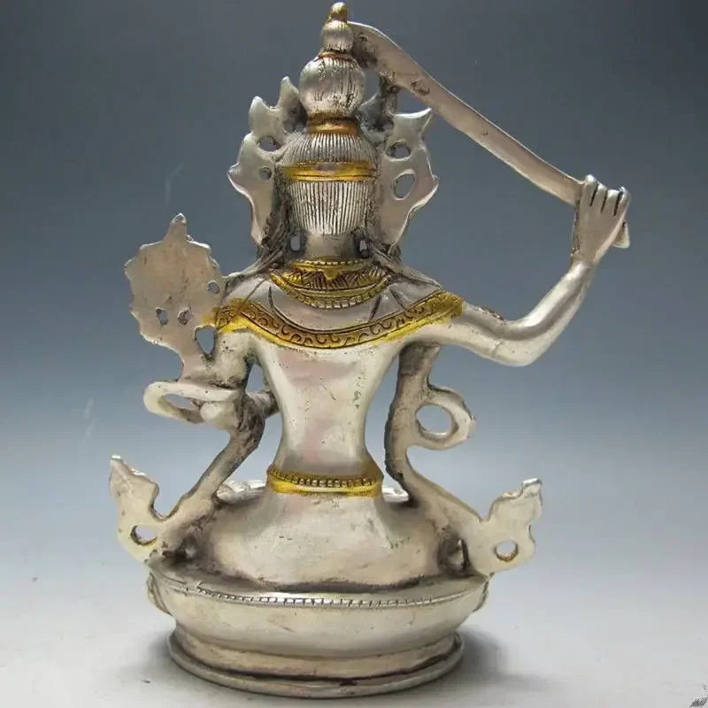 14.6cm*/Chinese Silver Bronze Gilt Tibetan Buddhism Statue --- Manjushri Buddha