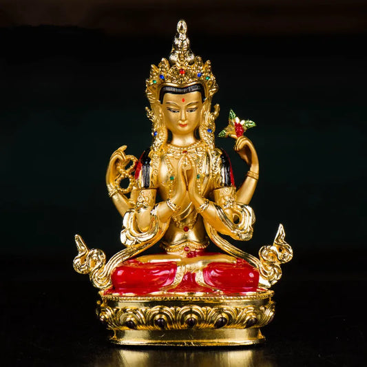 14.8cm Colored Gold Plated Buddhist Suppliers Avalokitesvara Bodhisattva Four-Arms Guanyin Tibetan Figure Statue