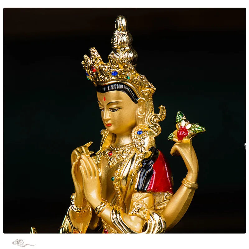 14.8cm Colored Gold Plated Buddhist Suppliers Avalokitesvara Bodhisattva Four-Arms Guanyin Tibetan Figure Statue