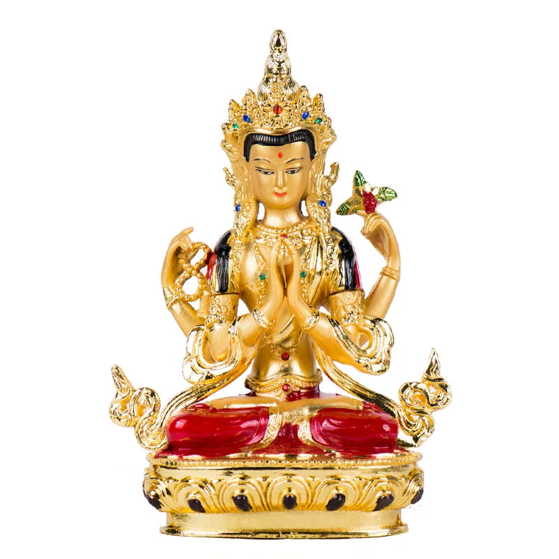 14.8cm Colored Gold Plated Buddhist Suppliers Avalokitesvara Bodhisattva Four-Arms Guanyin Tibetan Figure Statue