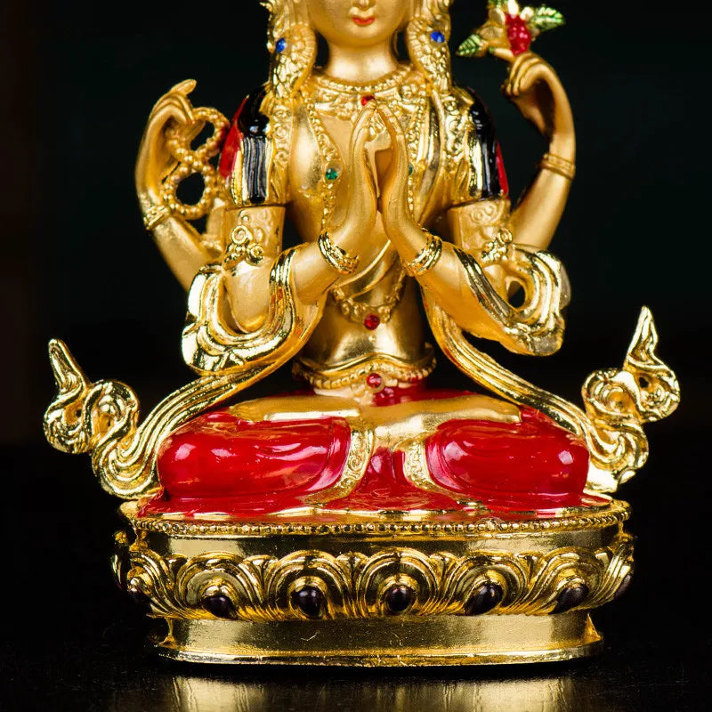 14.8cm Colored Gold Plated Buddhist Suppliers Avalokitesvara Bodhisattva Four-Arms Guanyin Tibetan Figure Statue