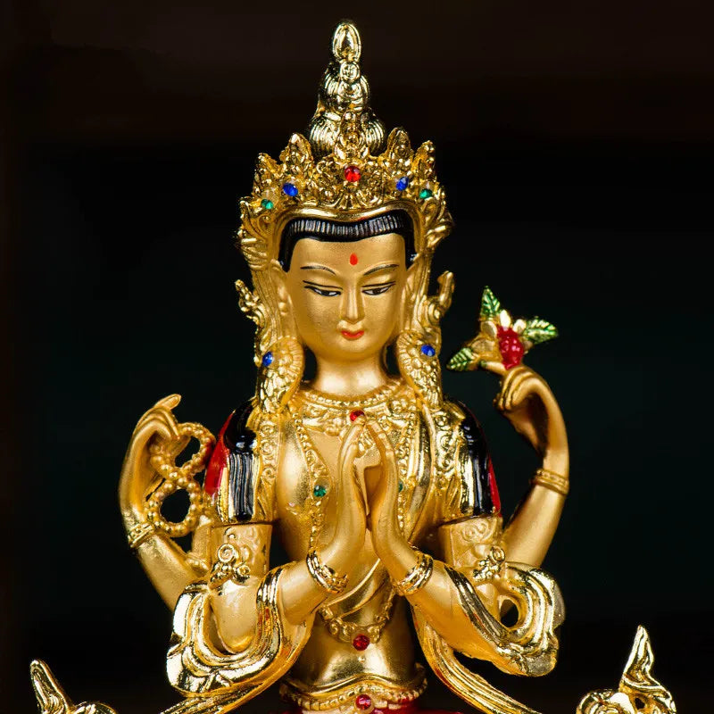 14.8cm Colored Gold Plated Buddhist Suppliers Avalokitesvara Bodhisattva Four-Arms Guanyin Tibetan Figure Statue