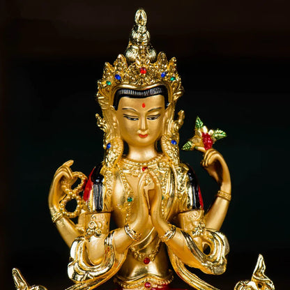 14.8cm Colored Gold Plated Buddhist Suppliers Avalokitesvara Bodhisattva Four-Arms Guanyin Tibetan Figure Statue
