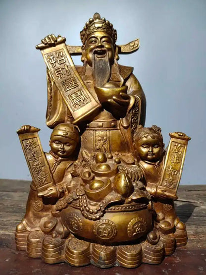 14"Tibet Temple Collection Old Bronze Cinnabar Gilding God of Wealth In charge wealth Boy Boy  Virgin girl Amass wealth Ornament
