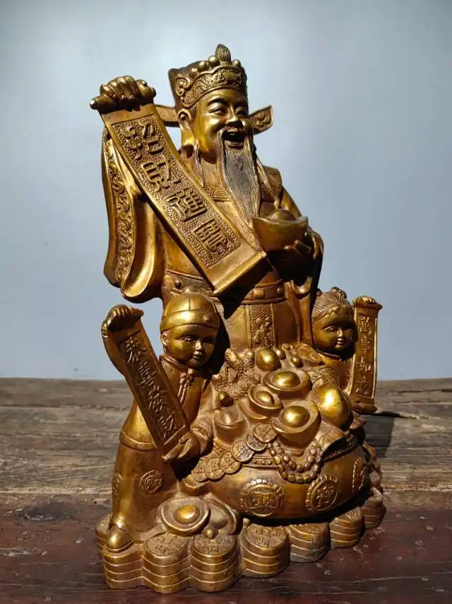 14"Tibet Temple Collection Old Bronze Cinnabar Gilding God of Wealth In charge wealth Boy Boy  Virgin girl Amass wealth Ornament