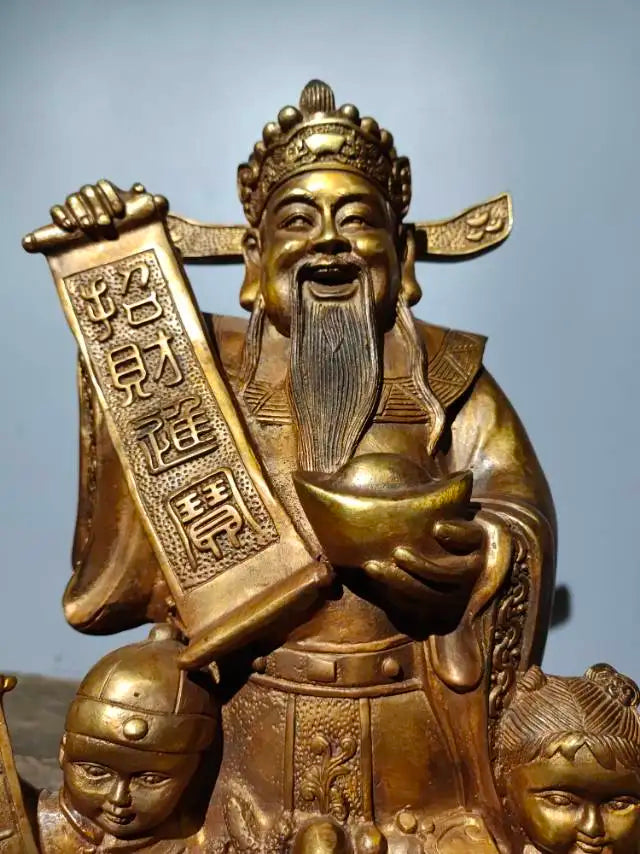 14"Tibet Temple Collection Old Bronze Cinnabar Gilding God of Wealth In charge wealth Boy Boy  Virgin girl Amass wealth Ornament