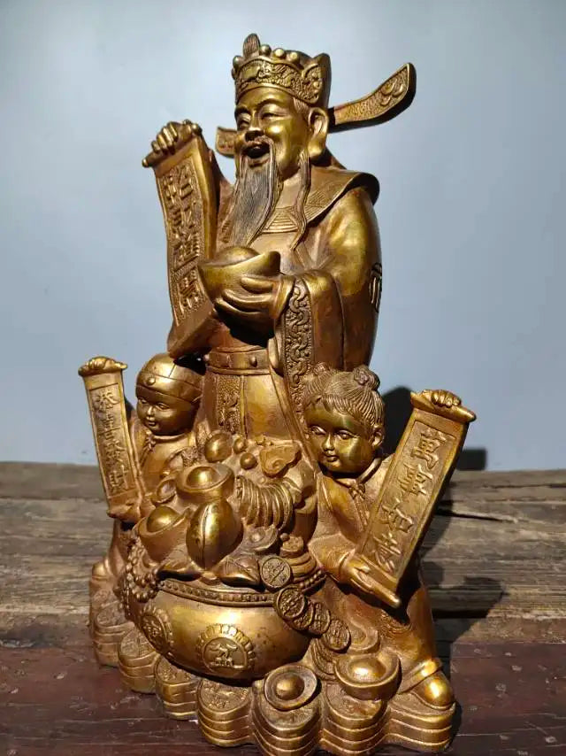 14"Tibet Temple Collection Old Bronze Cinnabar Gilding God of Wealth In charge wealth Boy Boy  Virgin girl Amass wealth Ornament