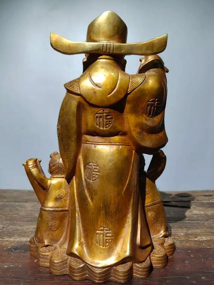 14"Tibet Temple Collection Old Bronze Cinnabar Gilding God of Wealth In charge wealth Boy Boy  Virgin girl Amass wealth Ornament
