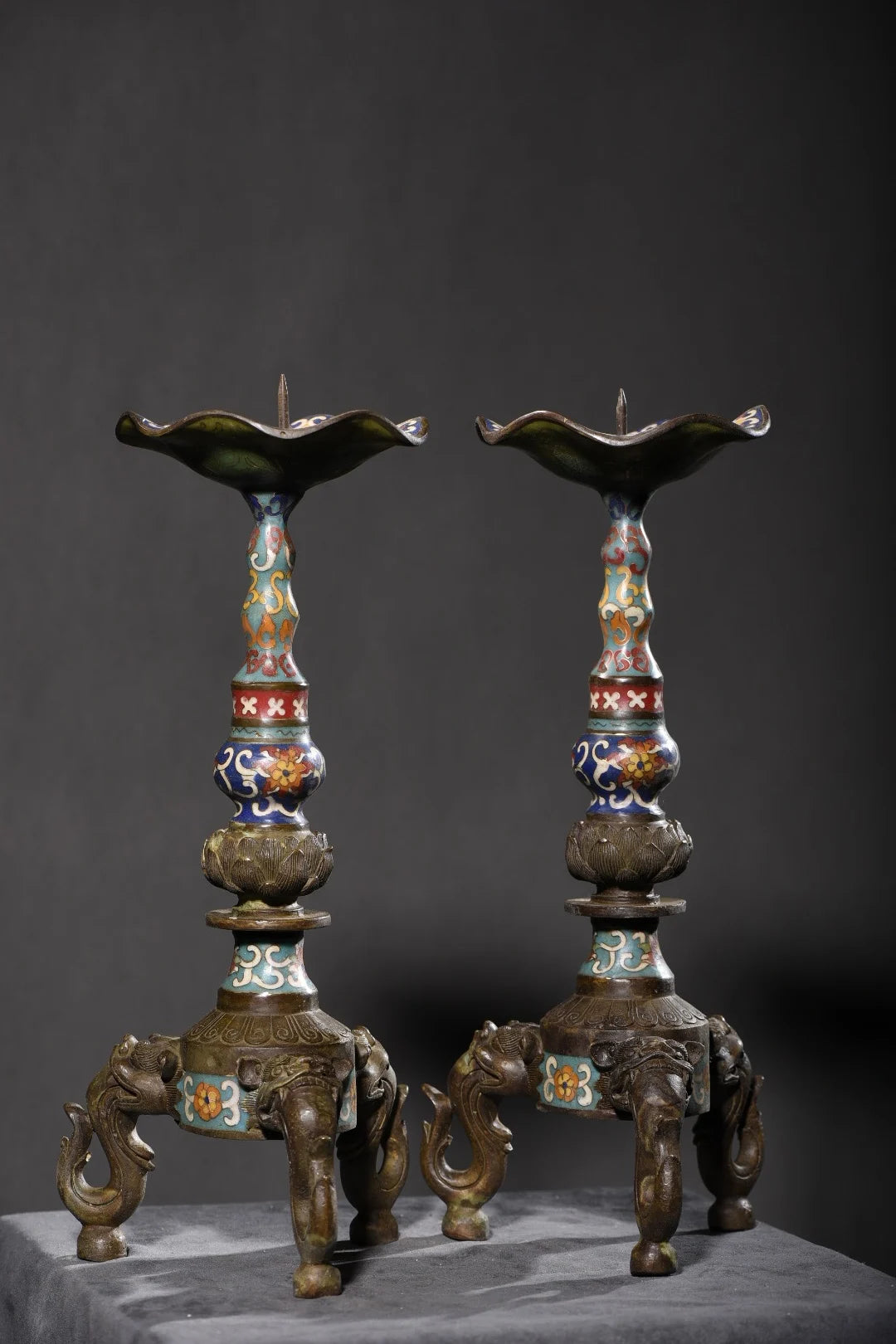 14"Tibet Temple Collection Old Bronze Cloisonne Enamel Brave Troops Three legged Lotus Leaves Candlestick A Pair Worship Hall