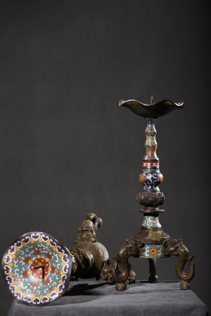 14"Tibet Temple Collection Old Bronze Cloisonne Enamel Brave Troops Three legged Lotus Leaves Candlestick A Pair Worship Hall
