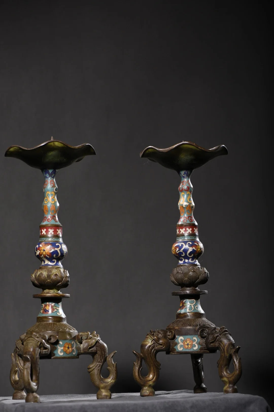 14"Tibet Temple Collection Old Bronze Cloisonne Enamel Brave Troops Three legged Lotus Leaves Candlestick A Pair Worship Hall