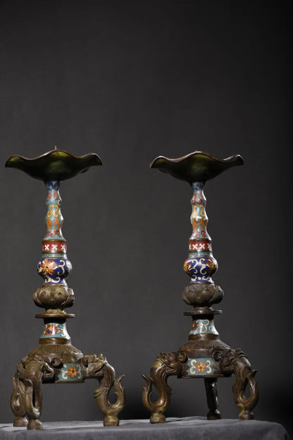 14"Tibet Temple Collection Old Bronze Cloisonne Enamel Brave Troops Three legged Lotus Leaves Candlestick A Pair Worship Hall