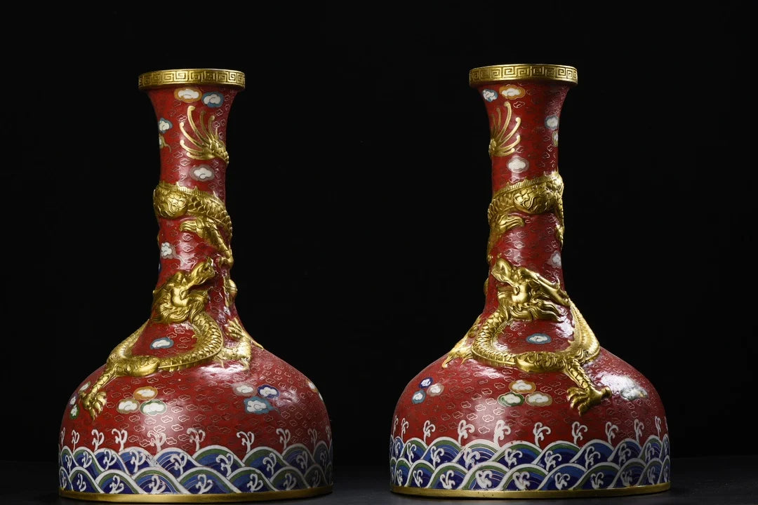 14"Tibet Temple Collection Old Bronze Cloisonne Enamel Dragon Texture Climbing Dragon Cann Bottle Vase A Pair Amass wealth