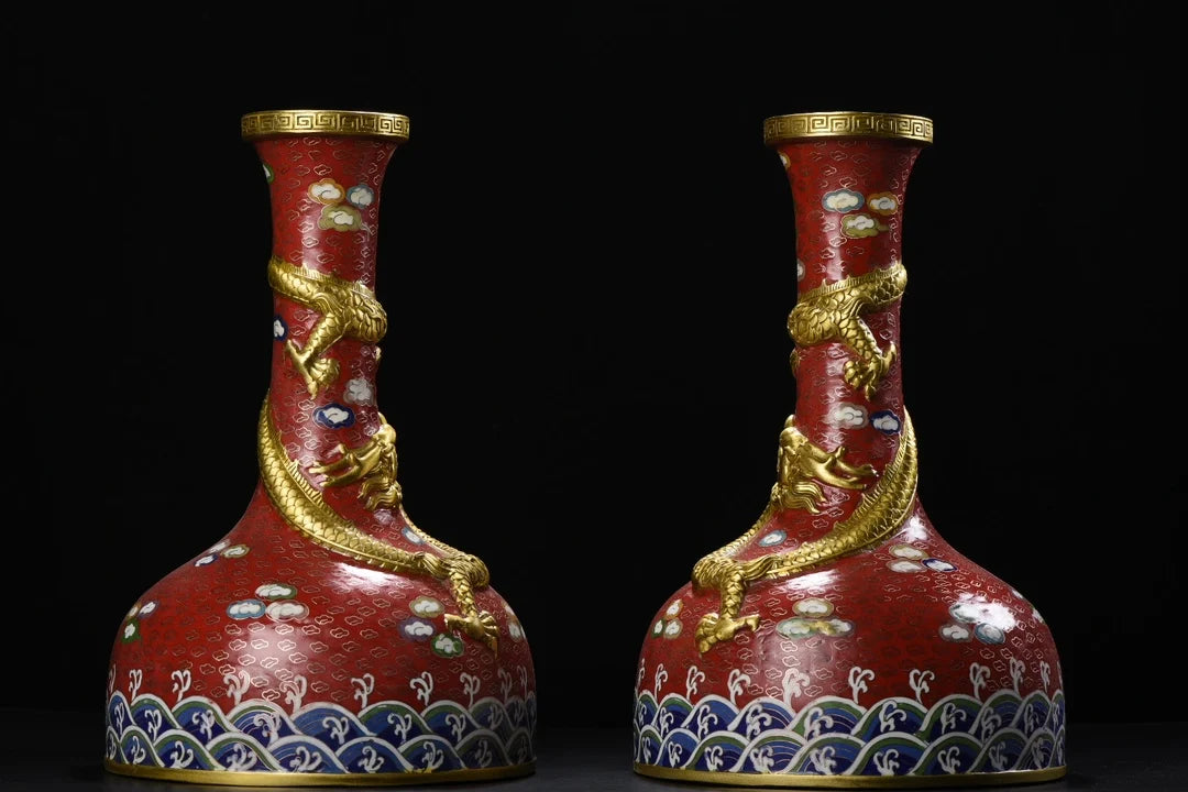 14"Tibet Temple Collection Old Bronze Cloisonne Enamel Dragon Texture Climbing Dragon Cann Bottle Vase A Pair Amass wealth