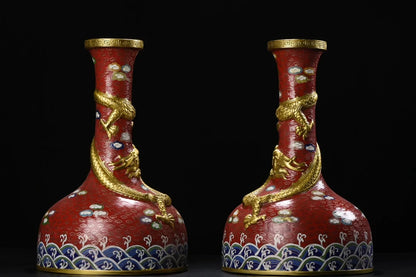 14"Tibet Temple Collection Old Bronze Cloisonne Enamel Dragon Texture Climbing Dragon Cann Bottle Vase A Pair Amass wealth
