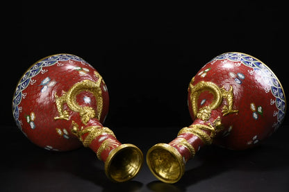 14"Tibet Temple Collection Old Bronze Cloisonne Enamel Dragon Texture Climbing Dragon Cann Bottle Vase A Pair Amass wealth