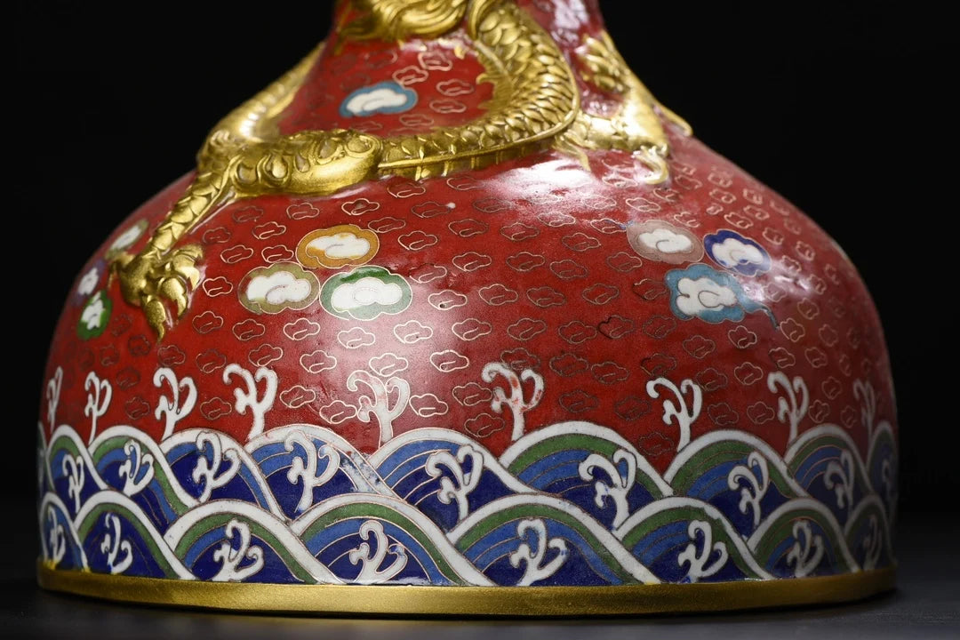14"Tibet Temple Collection Old Bronze Cloisonne Enamel Dragon Texture Climbing Dragon Cann Bottle Vase A Pair Amass wealth