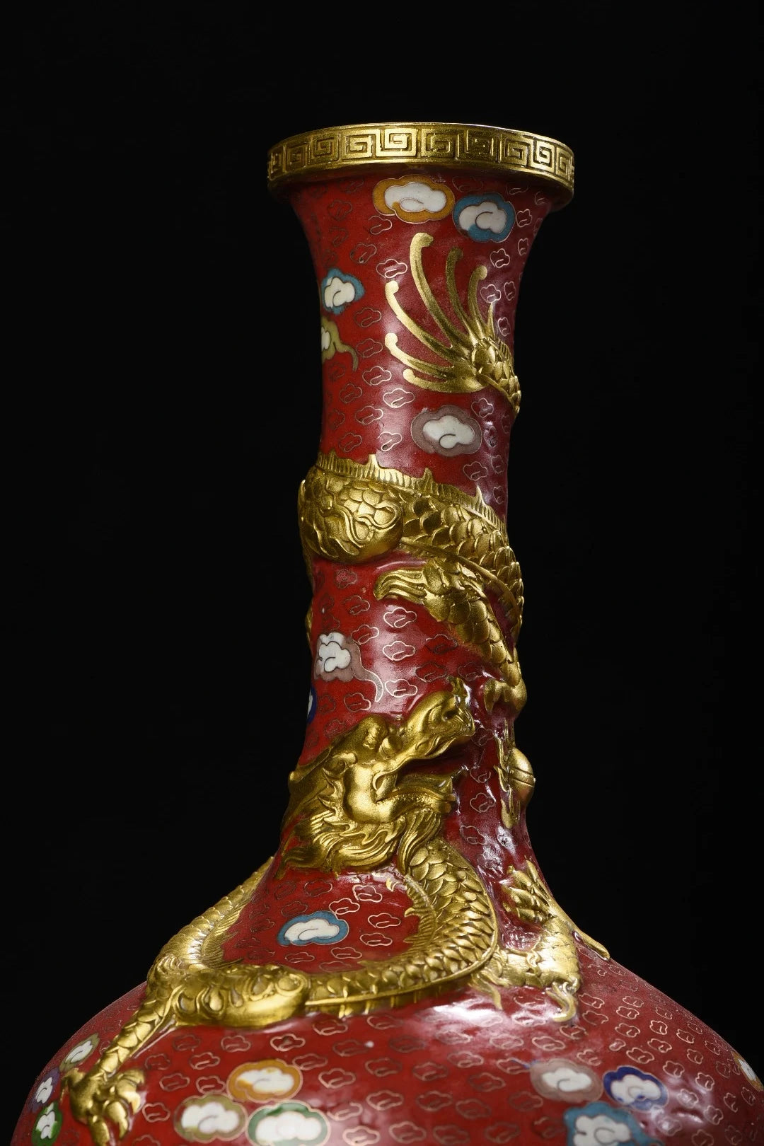 14"Tibet Temple Collection Old Bronze Cloisonne Enamel Dragon Texture Climbing Dragon Cann Bottle Vase A Pair Amass wealth