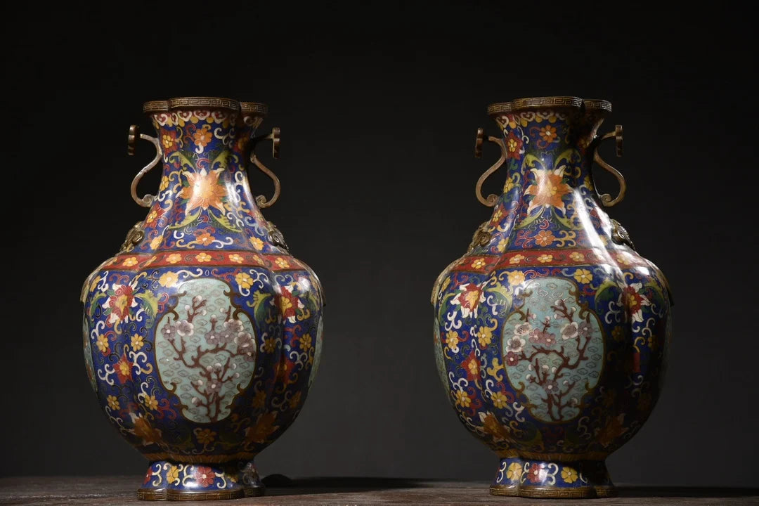 14"Tibet Temple Collection Old Bronze Cloisonne Enamel Flower Texture Ruyi Ear Lotus Four Corners Bottle Vase A Pair Ornaments