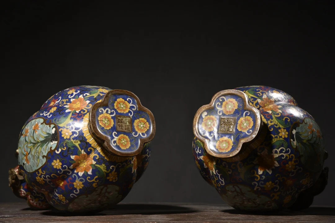14"Tibet Temple Collection Old Bronze Cloisonne Enamel Flower Texture Ruyi Ear Lotus Four Corners Bottle Vase A Pair Ornaments