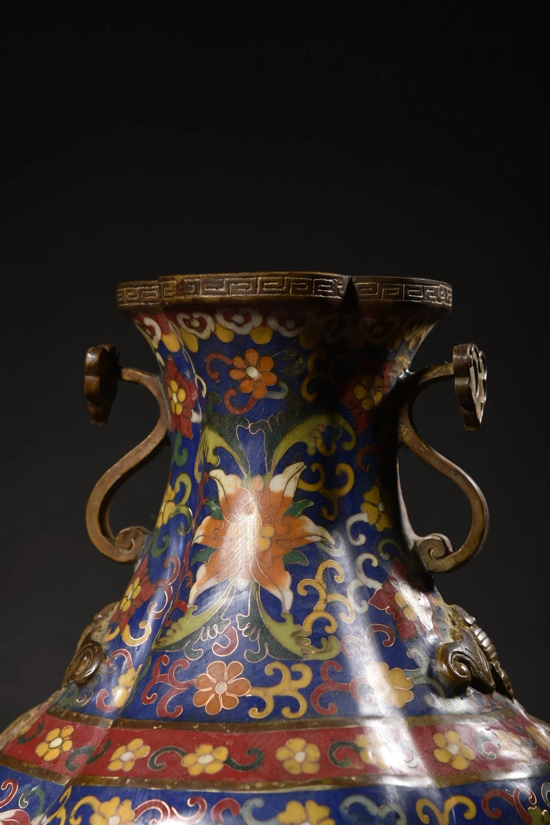 14"Tibet Temple Collection Old Bronze Cloisonne Enamel Flower Texture Ruyi Ear Lotus Four Corners Bottle Vase A Pair Ornaments