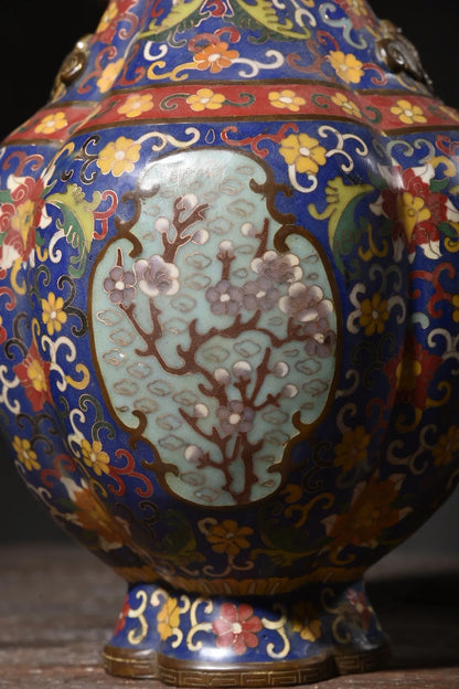 14"Tibet Temple Collection Old Bronze Cloisonne Enamel Flower Texture Ruyi Ear Lotus Four Corners Bottle Vase A Pair Ornaments