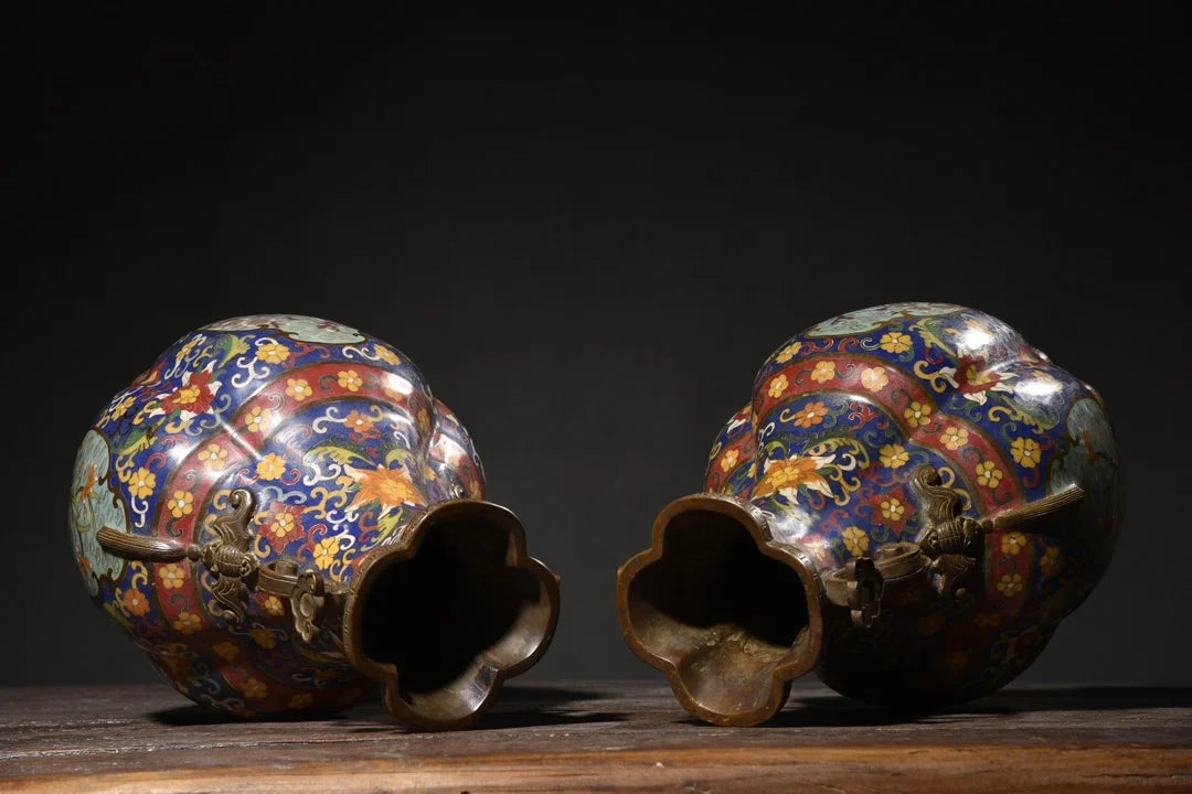14"Tibet Temple Collection Old Bronze Cloisonne Enamel Flower Texture Ruyi Ear Lotus Four Corners Bottle Vase A Pair Ornaments