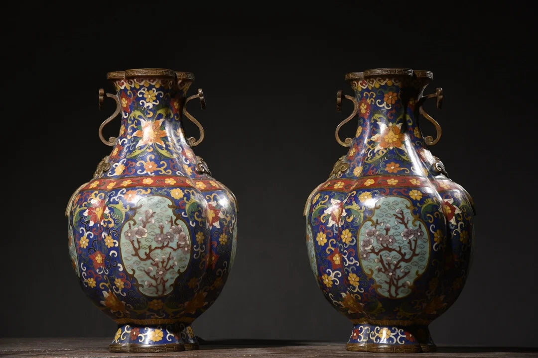 14"Tibet Temple Collection Old Bronze Cloisonne Enamel Flower Texture Ruyi Ear Lotus Four Corners Bottle Vase A Pair Ornaments