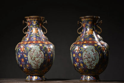 14"Tibet Temple Collection Old Bronze Cloisonne Enamel Flower Texture Ruyi Ear Lotus Four Corners Bottle Vase A Pair Ornaments