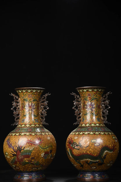 14"Tibet Temple Collection Old Bronze Cloisonne Enamel Phoenix Texture Dragon Ear Bottle Vase A Pair Worship Hall Town house