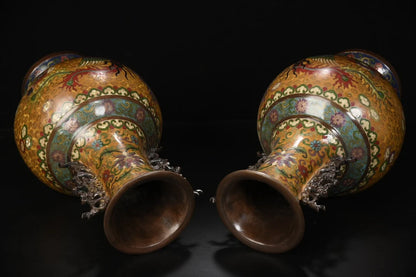 14"Tibet Temple Collection Old Bronze Cloisonne Enamel Phoenix Texture Dragon Ear Bottle Vase A Pair Worship Hall Town house