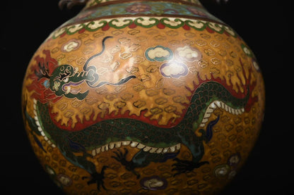 14"Tibet Temple Collection Old Bronze Cloisonne Enamel Phoenix Texture Dragon Ear Bottle Vase A Pair Worship Hall Town house