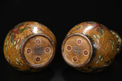 14"Tibet Temple Collection Old Bronze Cloisonne Enamel Phoenix Texture Dragon Ear Bottle Vase A Pair Worship Hall Town house