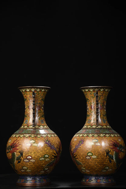 14"Tibet Temple Collection Old Bronze Cloisonne Enamel Phoenix Texture Dragon Ear Bottle Vase A Pair Worship Hall Town house