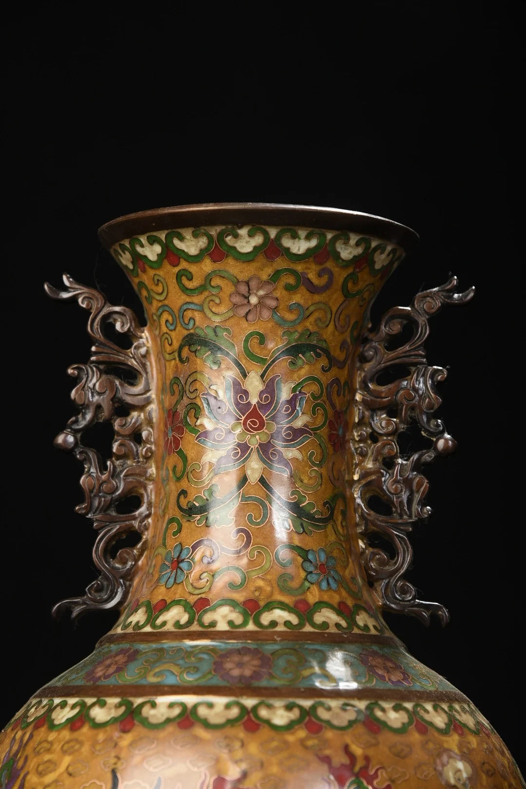 14"Tibet Temple Collection Old Bronze Cloisonne Enamel Phoenix Texture Dragon Ear Bottle Vase A Pair Worship Hall Town house