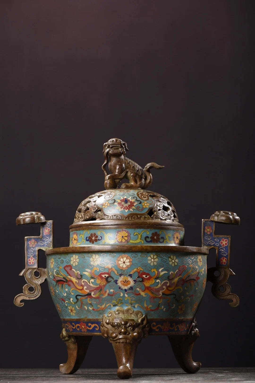 14"Tibet Temple Collection Old Bronze Cloisonne Enamel lion Animal button Ruyi ear Three-legged incense burner Town house