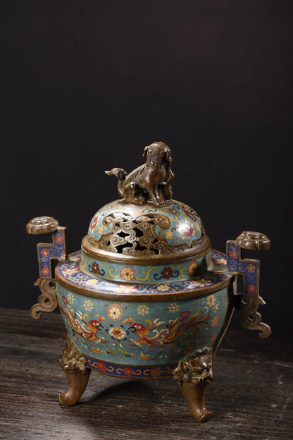 14"Tibet Temple Collection Old Bronze Cloisonne Enamel lion Animal button Ruyi ear Three-legged incense burner Town house